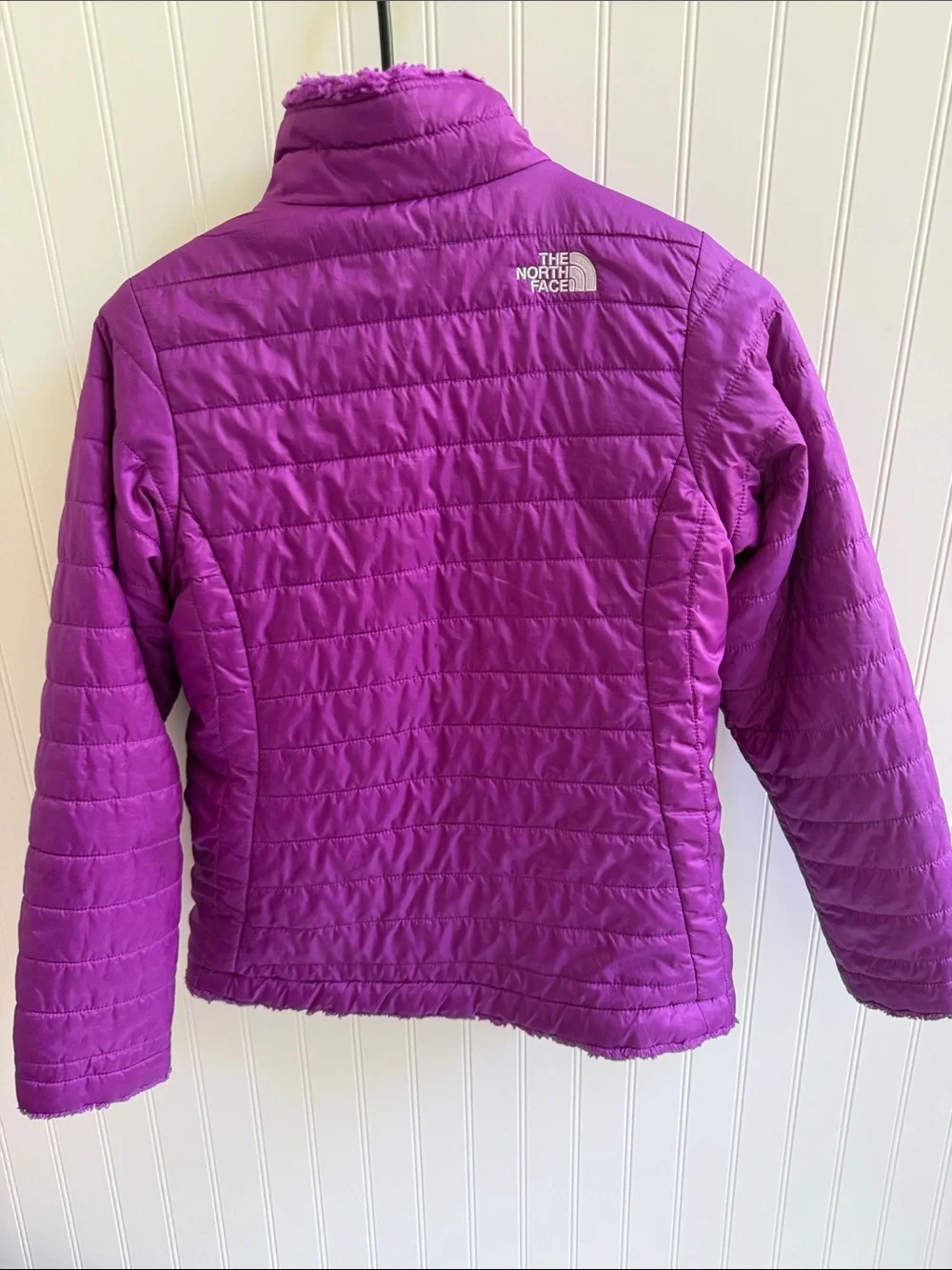 (346)The North Face Girls' Purple Quilted Insulated Puffer Jacket reversible